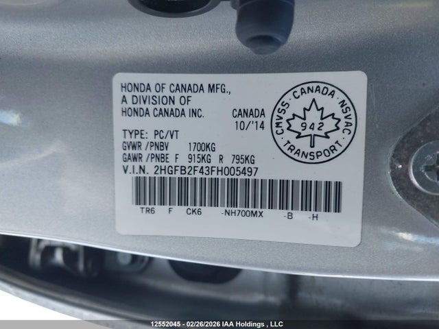 Honda Civic Lx 2015 2HGFB2F43FH005497 Image 9
