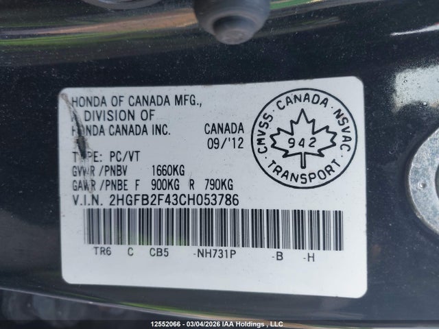 2012 Honda Civic Lx მანქანა იყიდება აუქციონზე, vin: 2HGFB2F43CH053786, აუქციონის ნომერი: 12552066