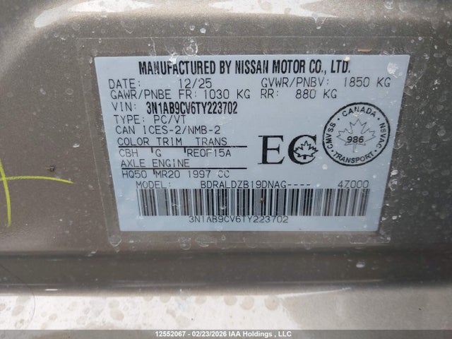 Продажа на аукционе авто 2026 Nissan Sentra Sv, vin: 3N1AB9CV6TY223702, номер лота: 12552067