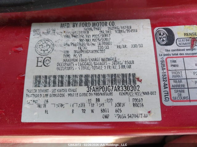 2010 Ford Fusion მანქანა იყიდება აუქციონზე, vin: 3FAHP0JG7AR330302, აუქციონის ნომერი: 12552072