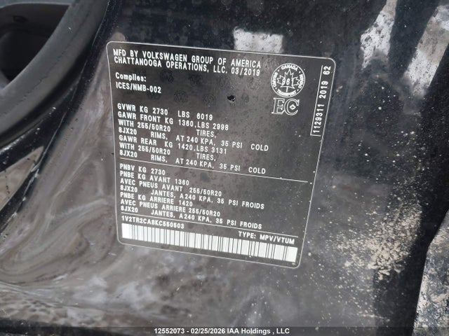 Aukcja sprzedaży 2019 Volkswagen Atlas Sel Premium, vin: 1V2TR2CA8KC550503, numer aukcji: 12552073