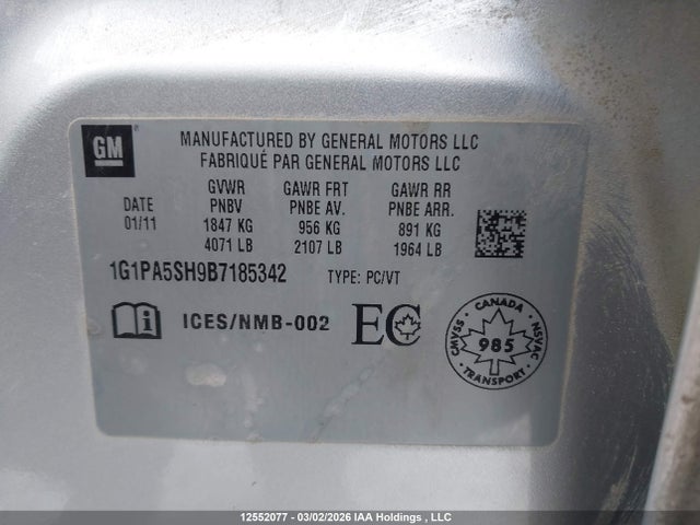 2011 Chevrolet Cruze Ls მანქანა იყიდება აუქციონზე, vin: 1G1PA5SH9B7185342, აუქციონის ნომერი: 12552077