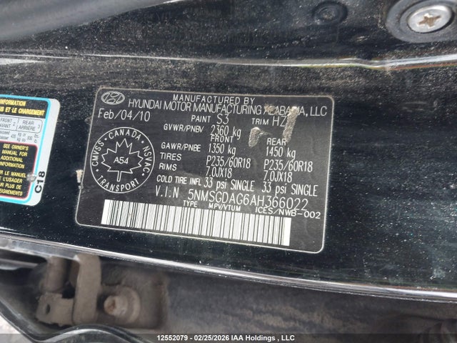 Продажа на аукционе авто 2010 Hyundai Santa Fe Gl 3.5 Sport, vin: 5NMSGDAG6AH366022, номер лота: 12552079