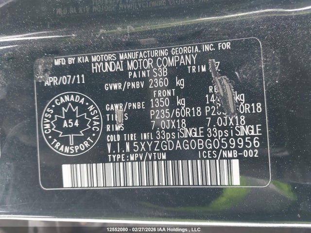 Продажа на аукционе авто 2011 Hyundai Santa Fe Gls, vin: 5XYZGDAG0BG059956, номер лота: 12552080