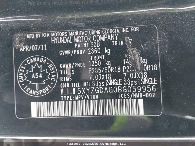 Продажа на аукционе авто 2011 Hyundai Santa Fe Gls, vin: 5XYZGDAG0BG059956, номер лота: 12552080