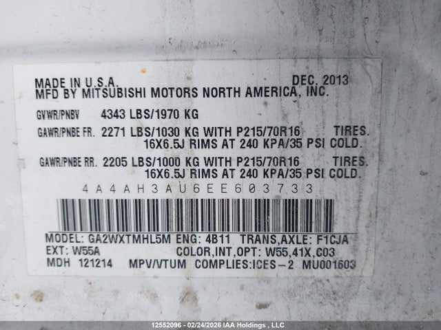 2014 Mitsubishi Rvr Se მანქანა იყიდება აუქციონზე, vin: 4A4AH3AU6EE603733, აუქციონის ნომერი: 12552096