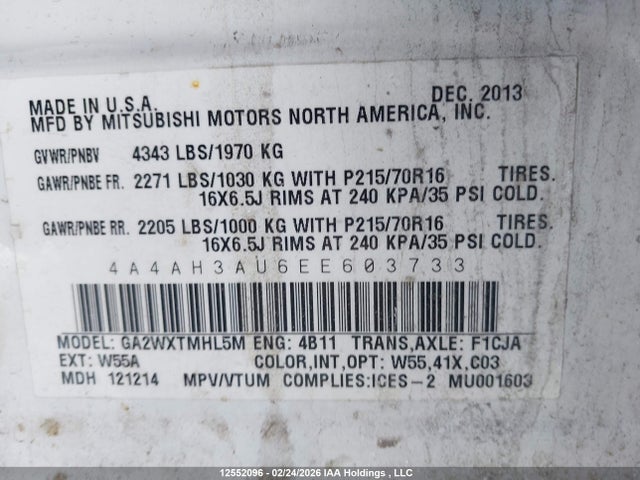 2014 Mitsubishi Rvr Se მანქანა იყიდება აუქციონზე, vin: 4A4AH3AU6EE603733, აუქციონის ნომერი: 12552096