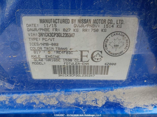 2016 Nissan Micra მანქანა იყიდება აუქციონზე, vin: 3N1CK3CP3GL235347, აუქციონის ნომერი: 12552097
