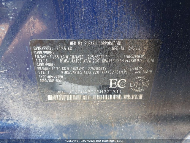 Продажа на аукционе авто 2025 Subaru Crosstrek, vin: JF2GUABC2SH271311, номер лота: 12552110