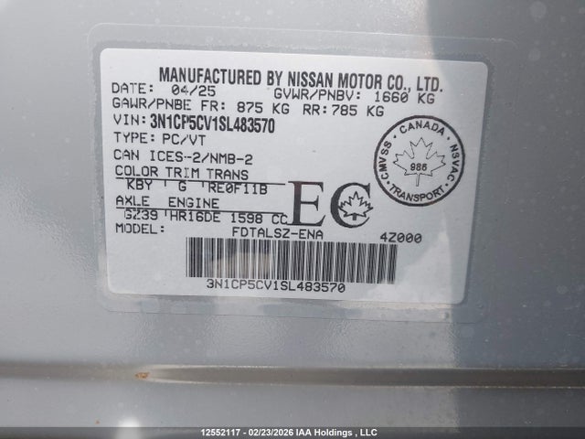 Продажа на аукционе авто 2025 Nissan Kicks Play Sv, vin: 3N1CP5CV1SL483570, номер лота: 12552117