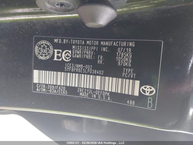 Продажа на аукционе авто 2020 Toyota Corolla L, vin: 5YFBPRBE5LP038402, номер лота: 12552121