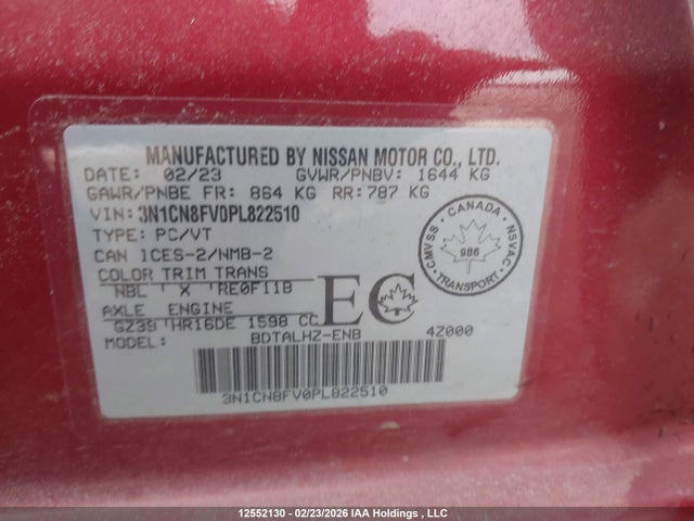 3N1CN8FV0PL822510 Nissan VERSA SR