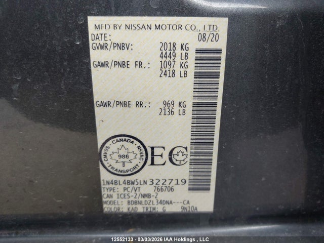 Aukcja sprzedaży 2020 Nissan Altima S, vin: 1N4BL4BW5LN322719, numer aukcji: 12552133