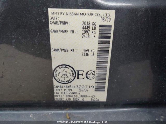 Aukcja sprzedaży 2020 Nissan Altima S, vin: 1N4BL4BW5LN322719, numer aukcji: 12552133