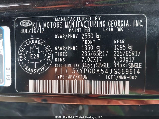 5XYPGDA54JG369614 KIA Sorento 3.3l Lx