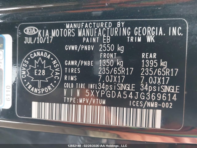 5XYPGDA54JG369614 KIA Sorento 3.3l Lx
