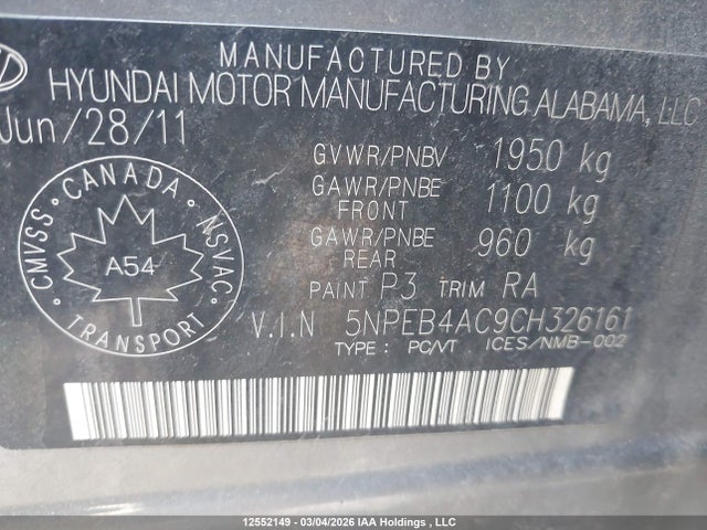 Продаж на аукціоні авто 2012 Hyundai Sonata Gls, vin: 5NPEB4AC9CH326161, номер лоту: 12552149