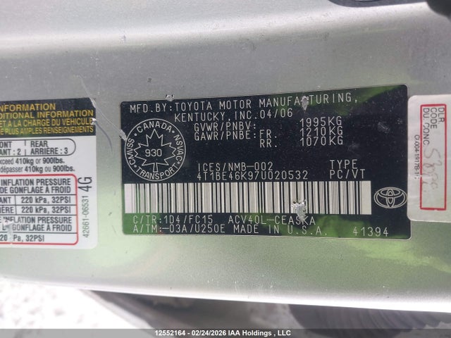 Aukcja sprzedaży 2007 Toyota Camry, vin: 4T1BE46K97U020532, numer aukcji: 12552164