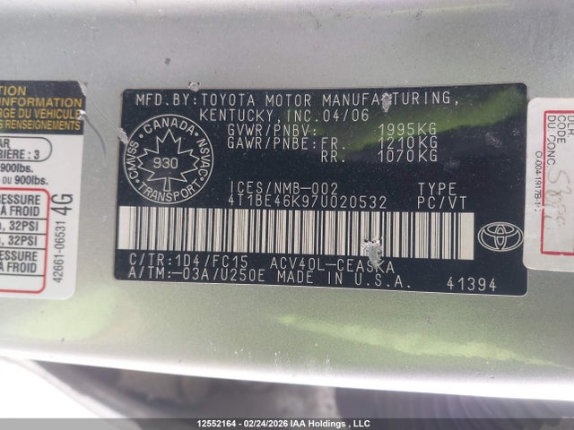 Aukcja sprzedaży 2007 Toyota Camry, vin: 4T1BE46K97U020532, numer aukcji: 12552164