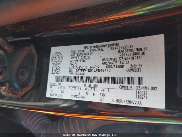 Продажа на аукционе авто 2020 Ford F150 Supercrew, vin: 1FTFW1E51LFB48775, номер лота: 12552170