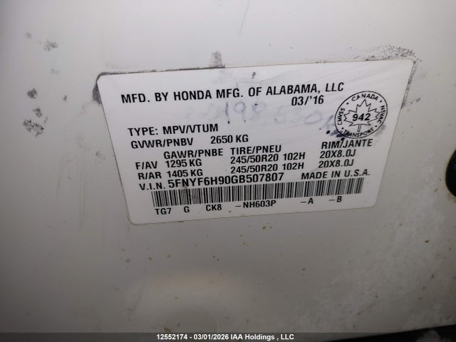 Продажа на аукционе авто 2016 Honda Pilot Touring, vin: 5FNYF6H90GB507807, номер лота: 12552174