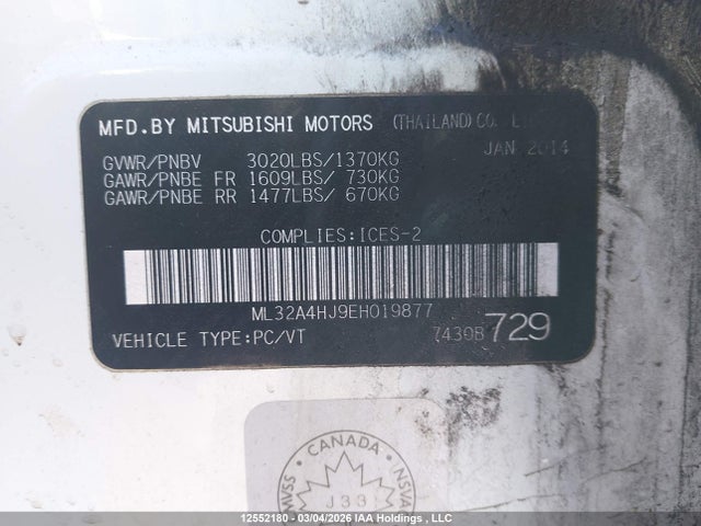 12552180 :رقم المزاد ، ML32A4HJ9EH019877 vin ، 2014 Mitsubishi Mirage Es مزاد بيع