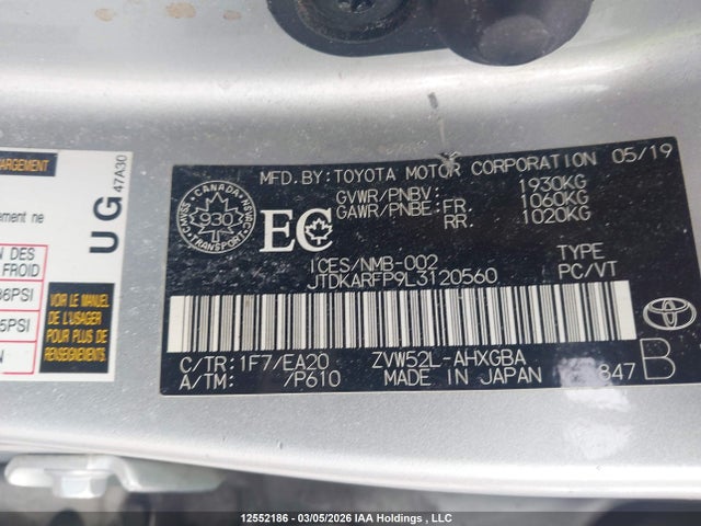 12552186 :رقم المزاد ، JTDKARFP9L3120560 vin ، 2020 Toyota Prius Prime Upgrade مزاد بيع