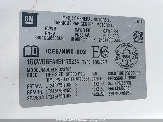 12552200 :رقم المزاد ، 1GCWGGFA4E1179224 vin ، 2014 Chevrolet Express G2500 مزاد بيع