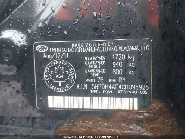 12552201 :رقم المزاد ، 5NPDH4AE4CH095925 vin ، 2012 Hyundai Elantra Gls/limited مزاد بيع