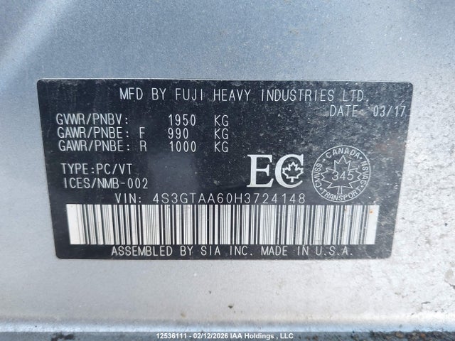 4S3GTAA60H3724148 Subaru Impreza Convenience