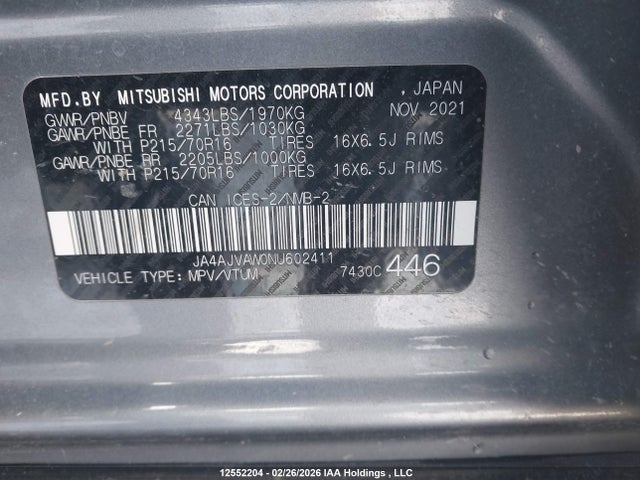 JA4AJVAW0NU602411 Mitsubishi Rvr Se/sel/le/gt