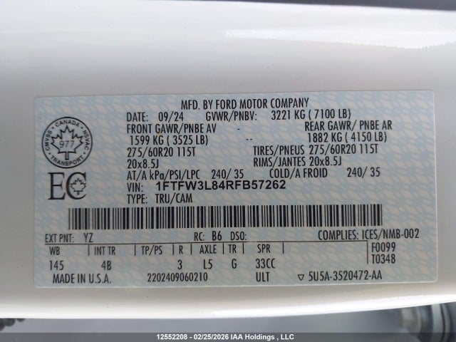 12552208 :رقم المزاد ، 1FTFW3L84RFB57262 vin ، 2024 Ford F-150 Xlt مزاد بيع