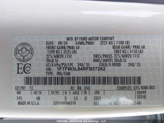 12552208 :رقم المزاد ، 1FTFW3L84RFB57262 vin ، 2024 Ford F-150 Xlt مزاد بيع