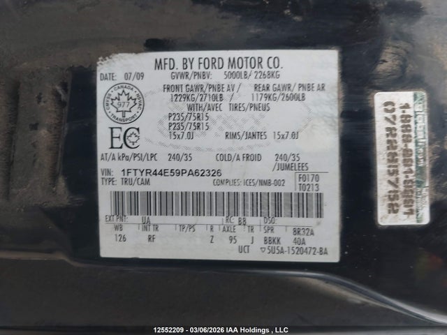 Продажа на аукционе авто 2009 Ford Ranger Super Cab, vin: 1FTYR44E59PA62326, номер лота: 12552209