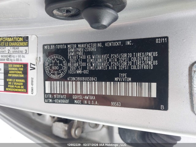 12552229 :رقم المزاد ، 4T3BK3BBXBU050843 vin ، 2011 Toyota Venza Base V6 مزاد بيع
