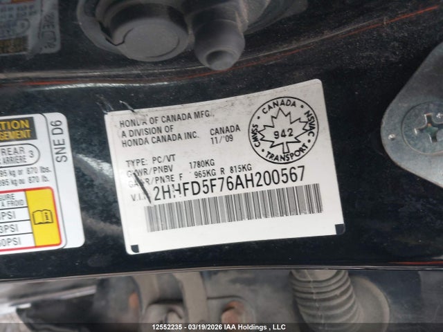 12552235 :رقم المزاد ، 2HHFD5F76AH200567 vin ، 2010 Acura Csx I-tech مزاد بيع