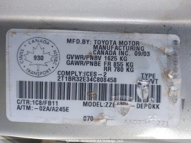 12552238 :رقم المزاد ، 2T1BR32E34C808458 vin ، 2004 Toyota Corolla Ce/le/s مزاد بيع