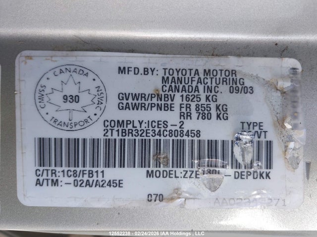 12552238 :رقم المزاد ، 2T1BR32E34C808458 vin ، 2004 Toyota Corolla Ce/le/s مزاد بيع