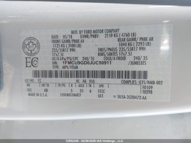 Aukcja sprzedaży 2018 Ford Escape Se, vin: 1FMCU9GD0JUC50911, numer aukcji: 12552245