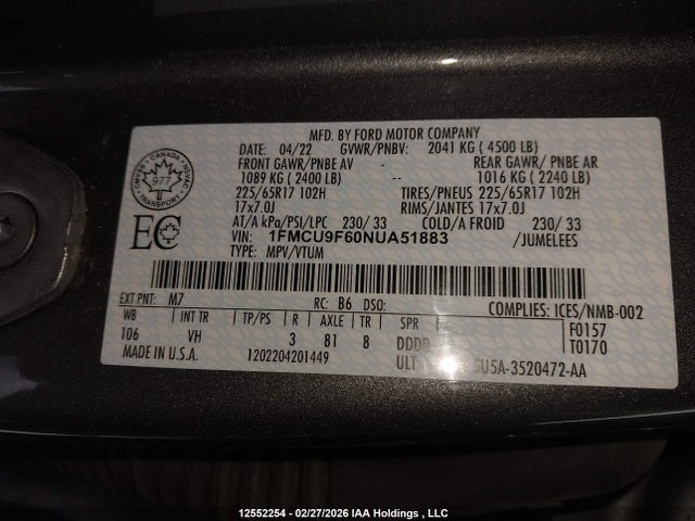 12552254 :رقم المزاد ، 1FMCU9F60NUA51883 vin ، 2022 Ford Escape S مزاد بيع