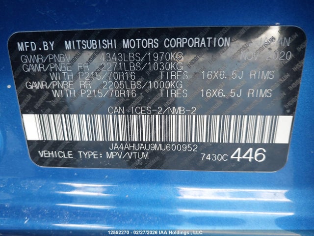 JA4AHUAU9MU600952 Mitsubishi Rvr Es/se