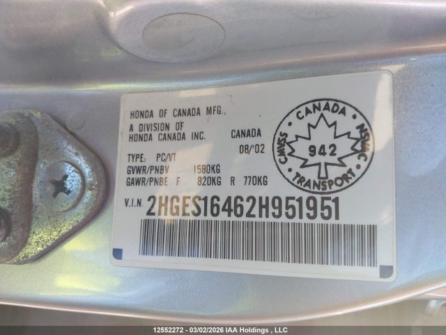 Aukcja sprzedaży 2002 Honda Civic, vin: 2HGES16462H951951, numer aukcji: 12552272
