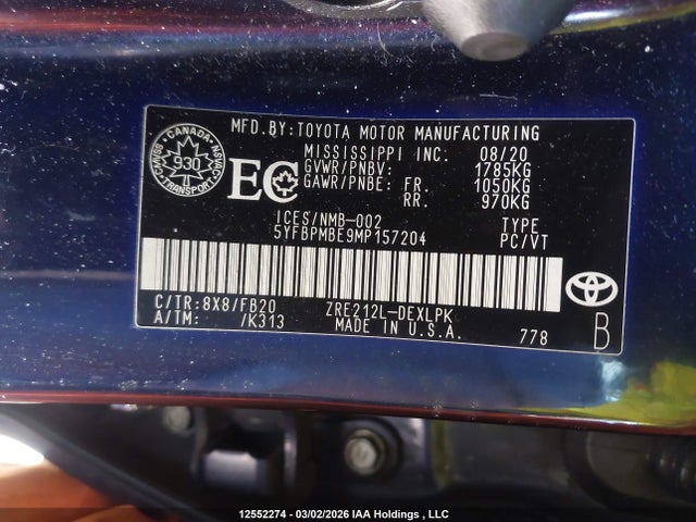 Aukcja sprzedaży 2021 Toyota Corolla Le, vin: 5YFBPMBE9MP157204, numer aukcji: 12552274