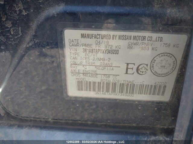 3N1AB7APXKY349200 Nissan Sentra S/sv/sr/sl