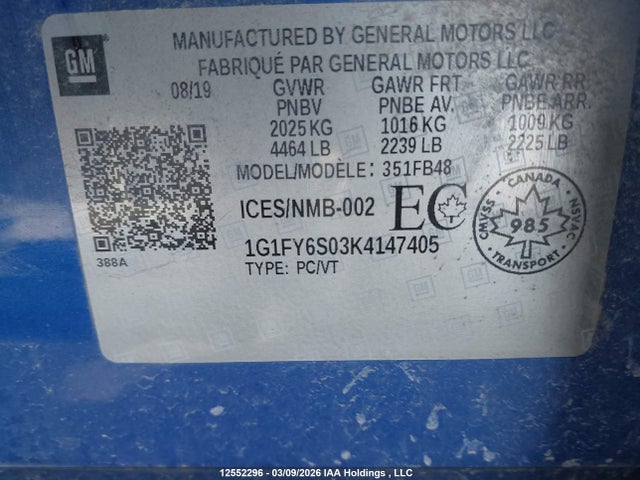 1G1FY6S03K4147405 Chevrolet BOLT EV LT