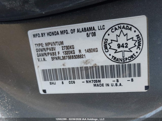 12552299 :رقم المزاد ، 5FNRL38758B508821 vin ، 2008 Honda Odyssey Ex-l مزاد بيع