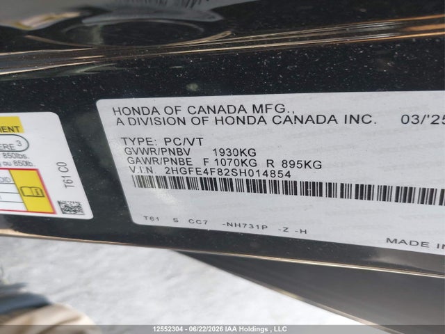 12552304 :رقم المزاد ، 2HGFE4F82SH014854 vin ، 2025 Honda Civic Hybrid مزاد بيع