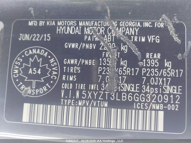 5XYZT3LB6GG320912 Hyundai Santa Fe