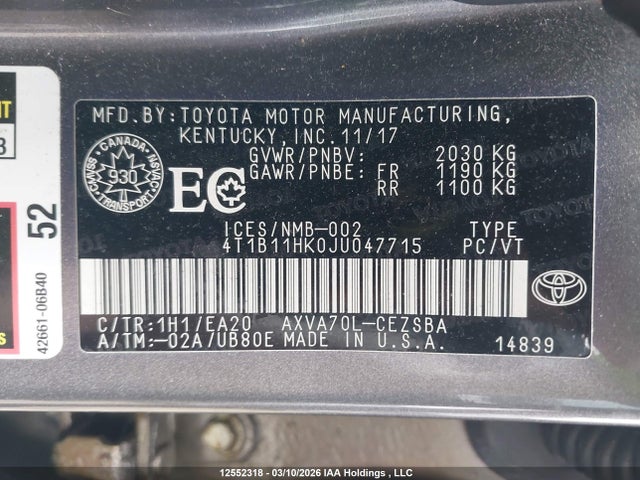 4T1B11HK0JU047715 Toyota Camry L/le/xle/se/xse