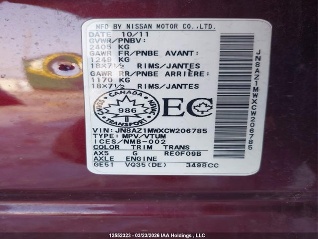 12552323 :رقم المزاد ، JN8AZ1MWXCW206785 vin ، 2012 Nissan Murano S/sl/le مزاد بيع
